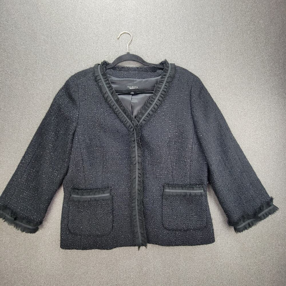 Talbots Size 10 Black Tweed Ruffle Detail Snap Wool Blend Jacket Blazer